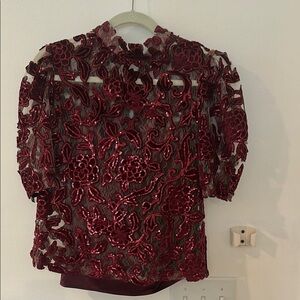 Anthropologie Red Embellished Puff Sleeve Blouse